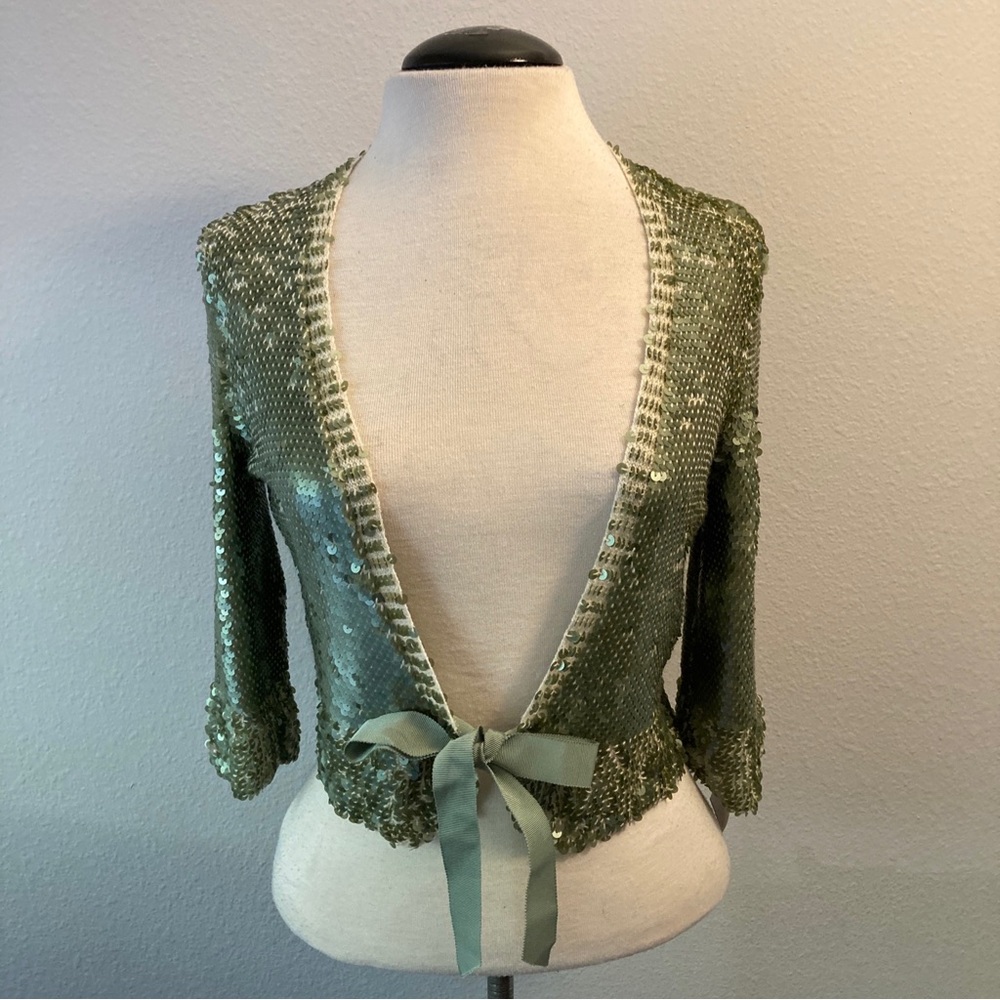 Jane Wheeler England Green Sequin Tie Front Cashmere Cardigan M